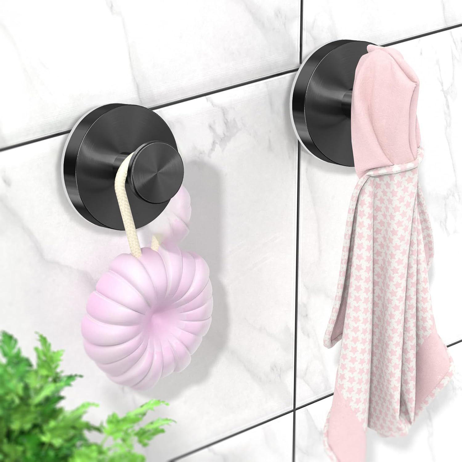 stusgo 4-Pack Matte Black Suction Cup Hooks for Shower, Bathroom, Kitchen, Glass Door, Mirror, Tile, Bath Robe Hook Holder for Hanging – Waterproof & Rustproof Suction Towel Hanger