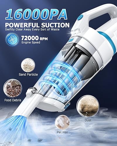 Miniatura 2 de AHNR Aspiradora de mano inalámbrica, 16000 PA, potente succión de mano, eliminadores de polvo sin cables, recargable con luz LED y 2 filtros HEPA,