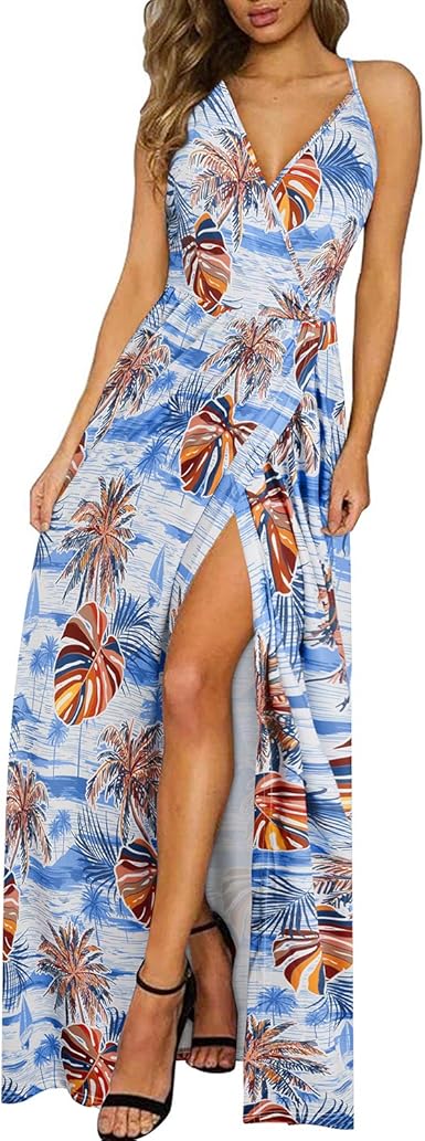II ININ Women's 2023 Maxi Sundresses Summer Beach Long Wrap V-Neck Floral/Solid Casual Dress for Women