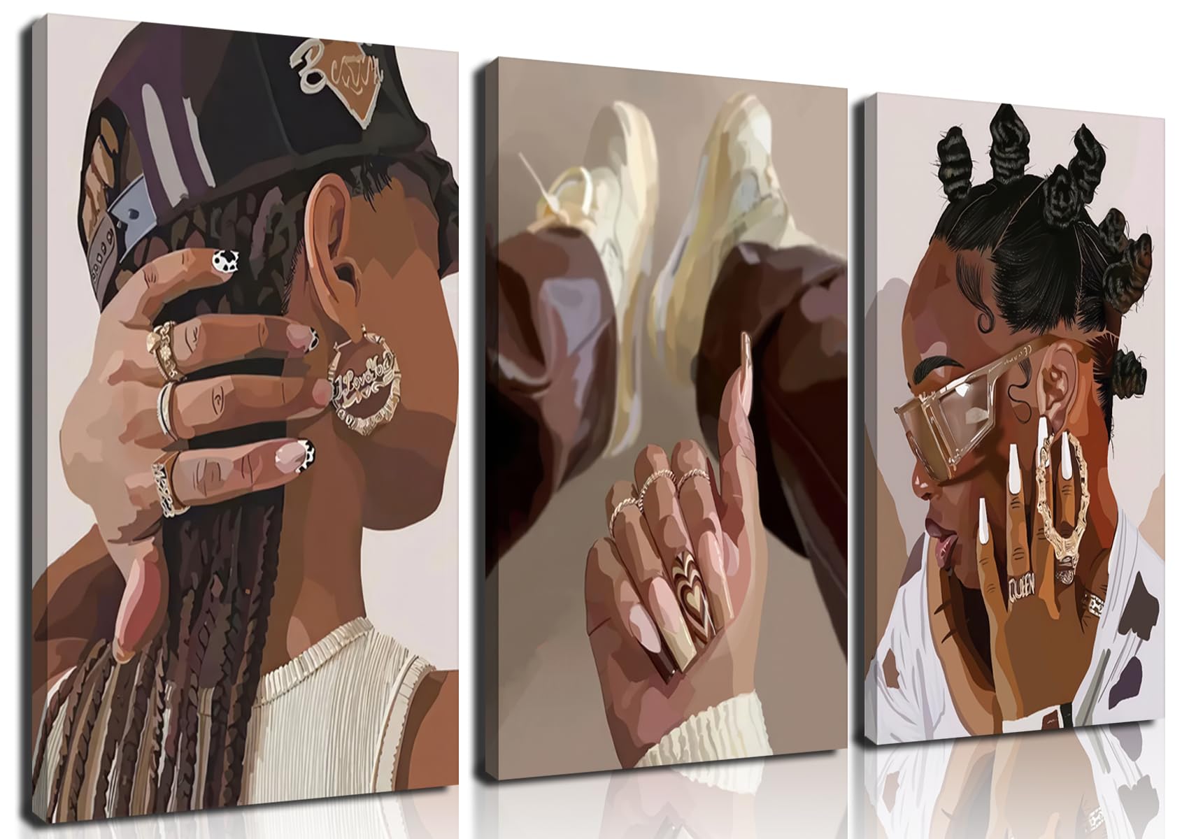 marllifenney 3pcs black girl wall art framed trendy black woman decor posters abstract african american canvas prints modern black women painting female pictures for bedroom living room dorm 12x16in