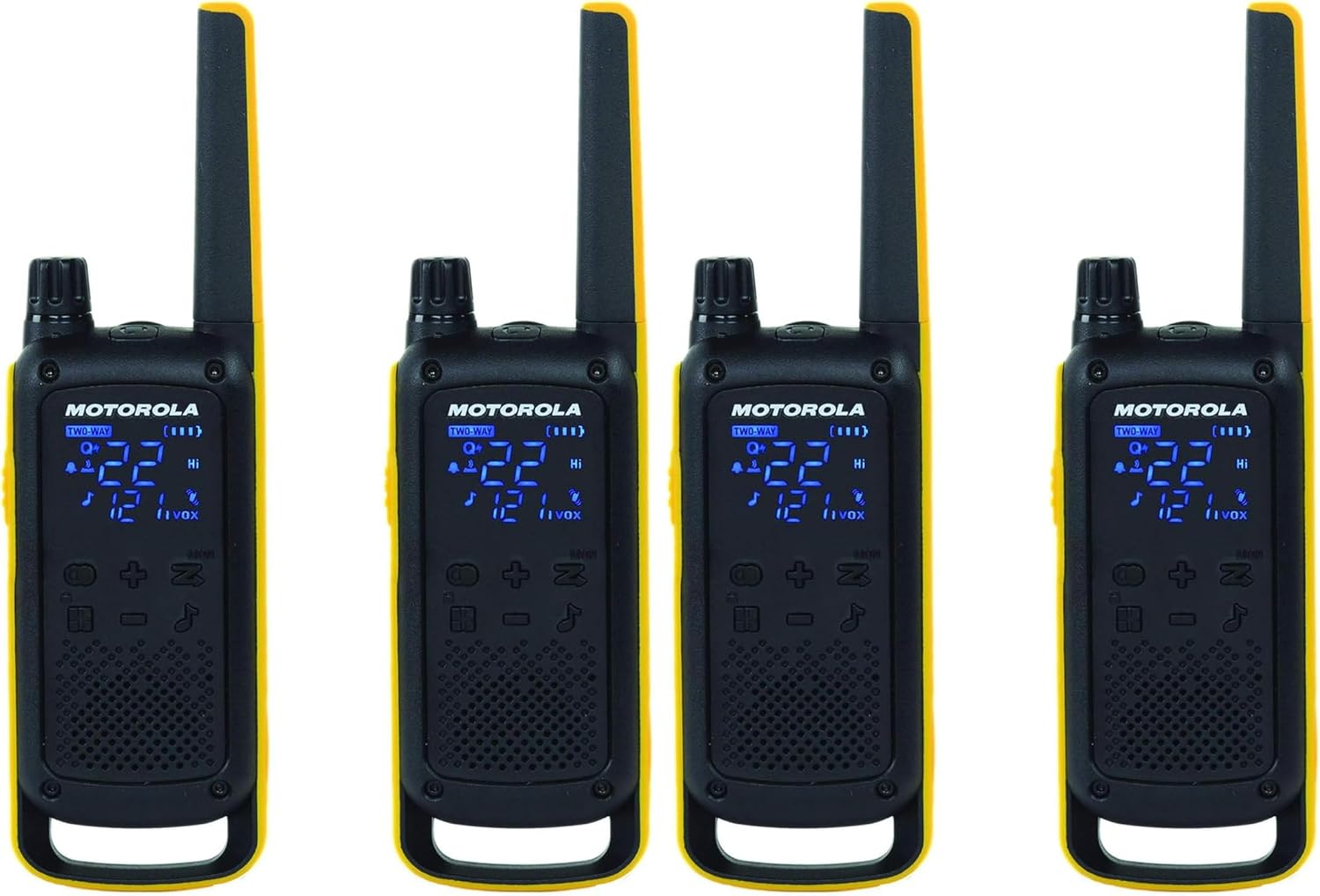 Motorola Solutions, Portable FRS, T470, Talkabout, Two-Way Radios, Emergency Preparedness, Rechargeable, 22 Channel, 35 Mile, Black W/Yellow, 4 Pack