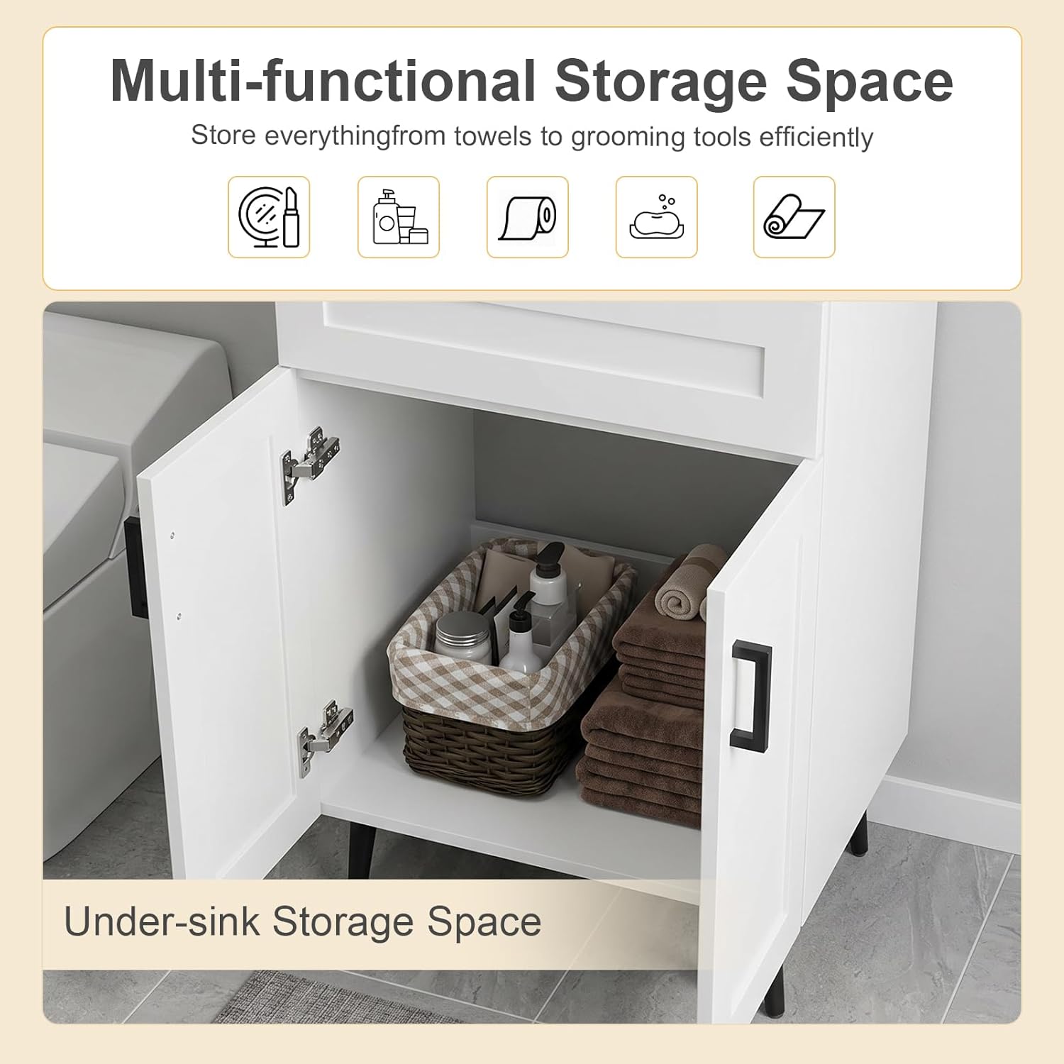 24 Inch Bathroom Vanity with Sink, Modern Wooden Freestanding Bathroom Storage Cabinet with 2 Doors and 1 Drawer, Metal Legs, Painted Surface, White