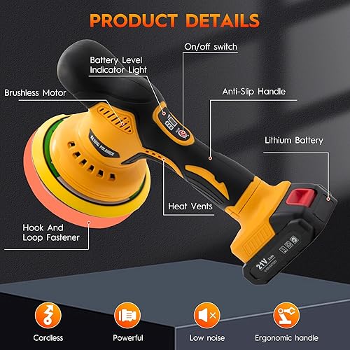 Miniatura 7 de Kit de pulidor inalámbrico para automóvil con baterías de 2 x 21 V, pulidora de automóvil de 6 pulgadas con 8 velocidades variables de 2800-6000 RPM
