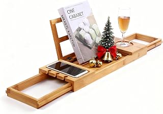 Utoplike Unique Bamboo Bathtub Tray Wooden Bath Caddy Tray with Extending Arms,Spa Relaxing Bath Organizer Tray Holds Books/Tablets/Cell Phone/Towels/Foods