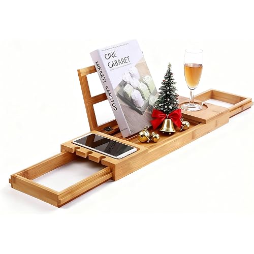 Utoplike Bamboo Bathtub Caddy Tray Bath Tray for Tub, Adjustable Bathroom Bathtub Organizer with Book Tablet Wine Glass Cup Towel Holder