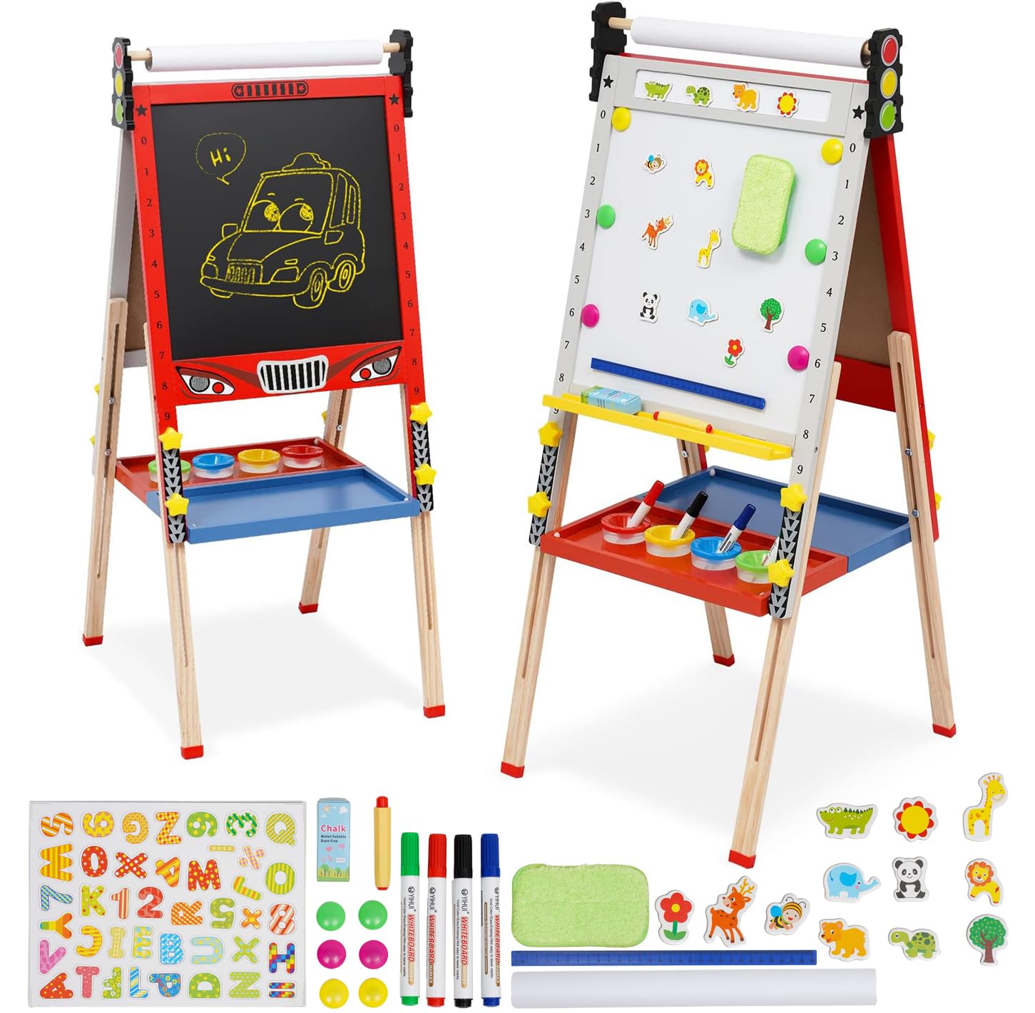 Caballete de madera plegable para niños 3 en 1 con rollo de papel, altura ajustable para niños, fácil con rollo de papel, pizarra blanca y tabla de calcio