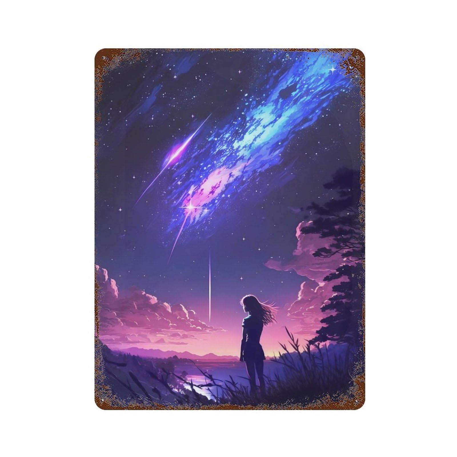 Girl And The Cosmic Sky Rust Effect Tin Sign 15.7"x11.8", for Bistro, Counter And Cafe Decor, Shabby Chic Decor