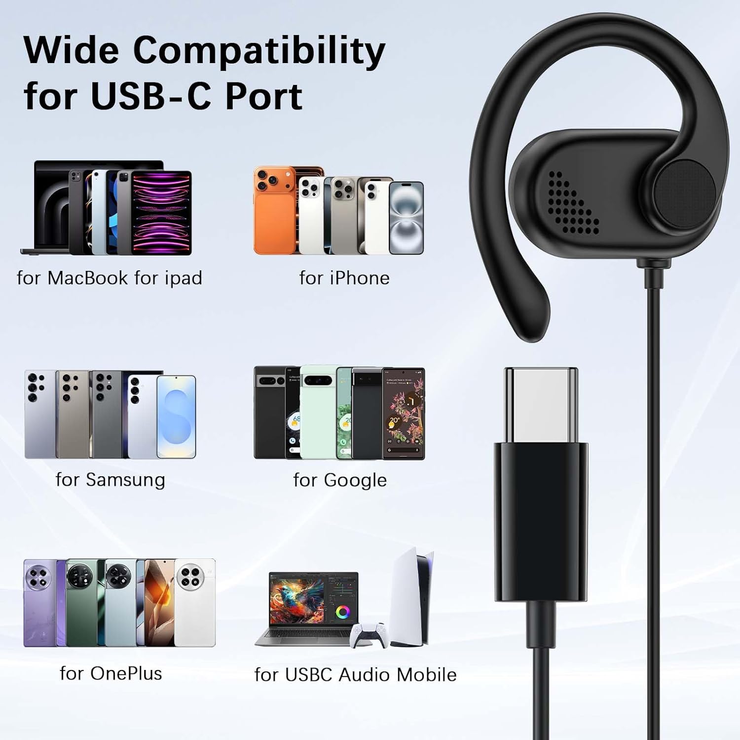 Open Ear USB C Headphones for Samsung S25 FE S24 Ultra S23 A17,Over Ear Buds USB Type C Earphones Wired with Adjustable Ear Hooks for iPhone 17 Pro Max 16E 16 Plus 15,USB-C Headset for iPad Pro A16 10 - Image 7