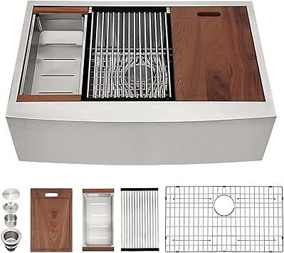 Amazon Com Farmhouse 水槽不鏽鋼 Sarlai 36 英吋 約36 公分 廚房水槽圍裙前單碗16 號規格不鏽鋼窗台工作站豪華下崁式農場廚房水槽 家居裝修