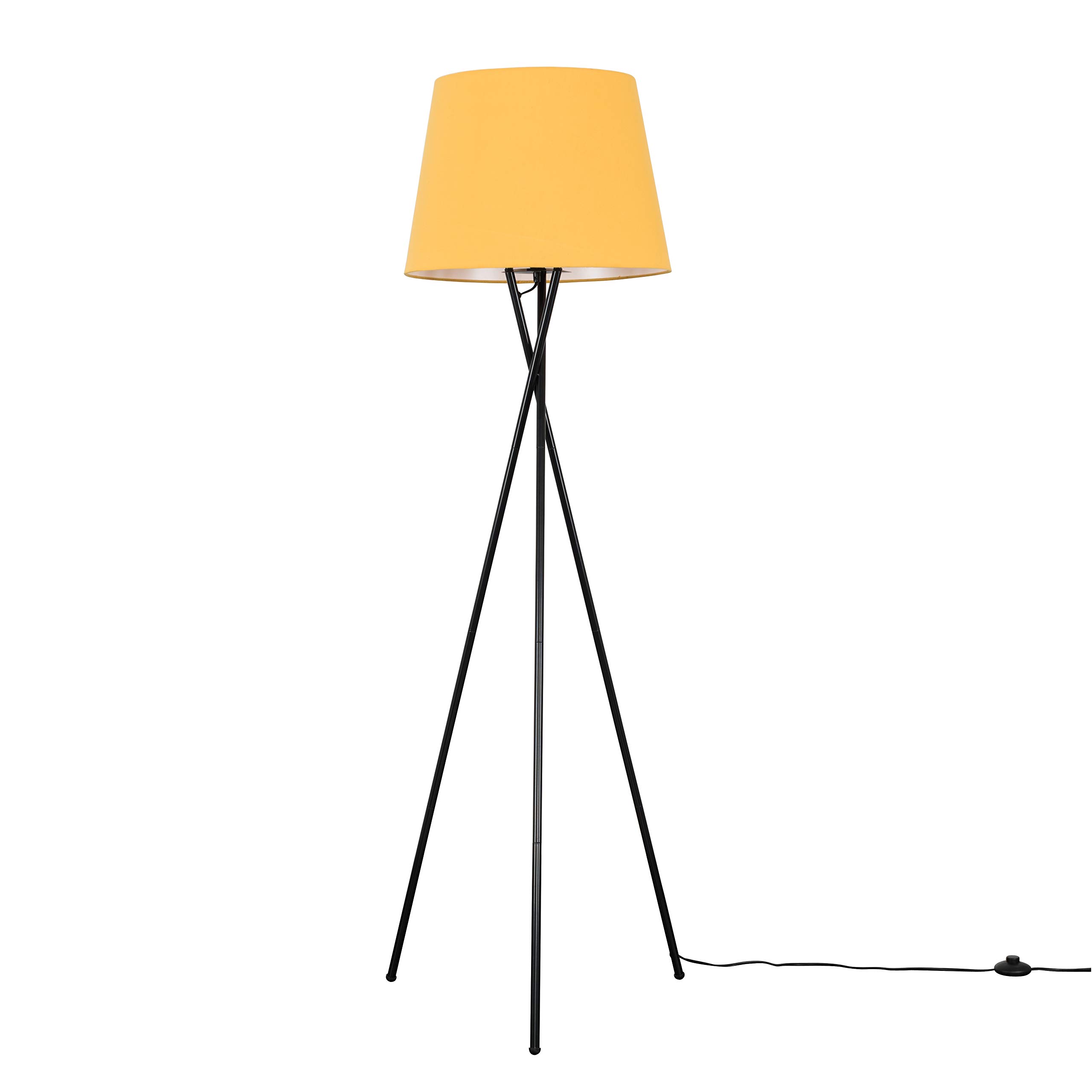 MiniSun Modern Gloss Black Metal Tripod Floor Lamp with a Mustard Tapered Shade - Complete with a 6w LED Bulb [3000K Warm White]