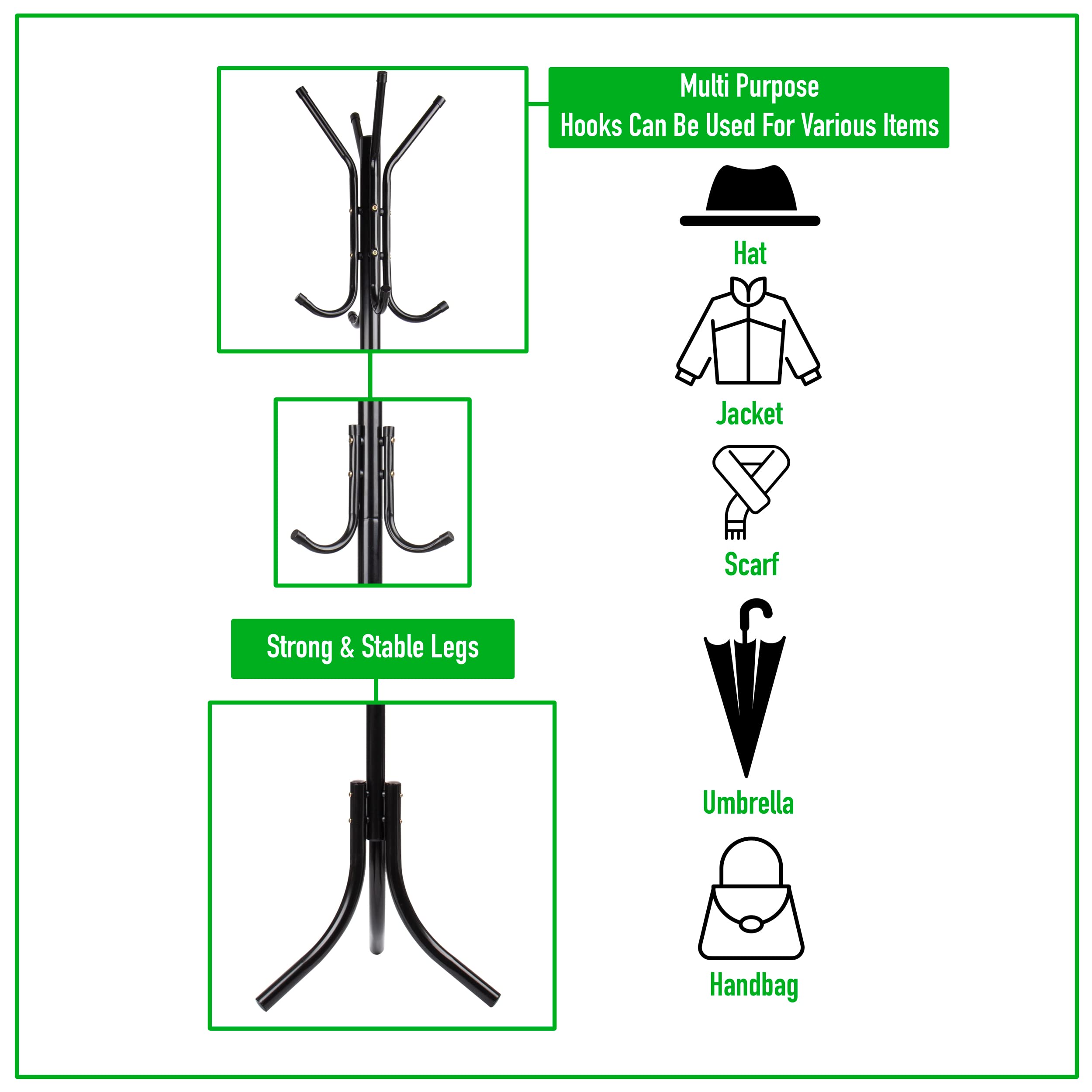 Mind Reader COATRACK11 Standing Metal Coat Rack Hat Hanger 11 Hook for Jacket, Purse, Scarf Rack, Umbrella Tree Stand, Black