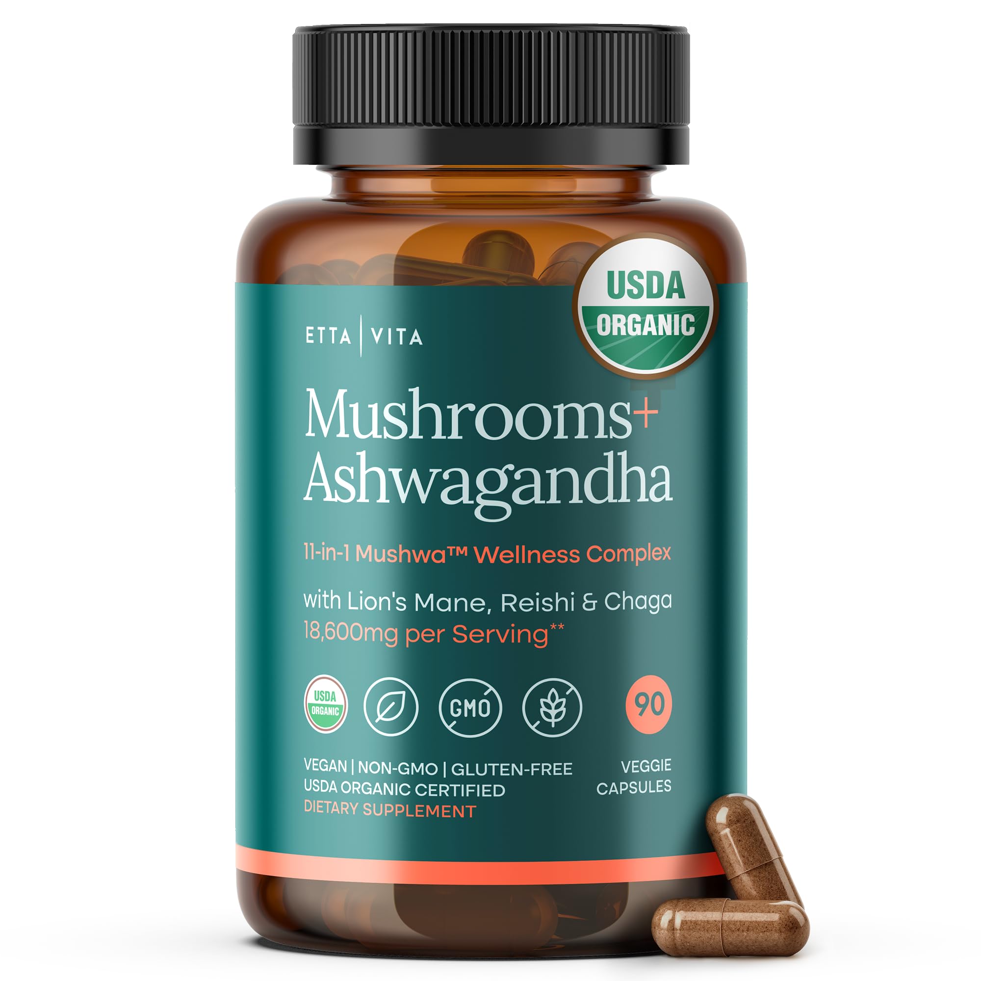 USDA Organic Lions Mane Supplement Capsules with Ashwagandha, Chaga, Reishi, Cordyceps, Turkey Tail (18,600mg/serv) 10x Adaptogenic Mushroom Complex as Focus Supplement - Energy, Immunity & NootropicUSDA Organic