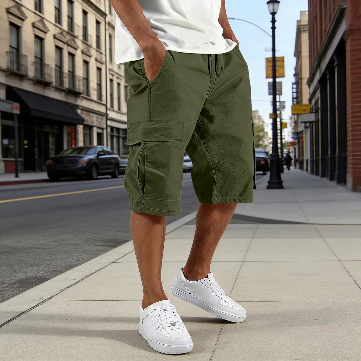 Men's Capri Cargo Shorts, Loose Fit Casual Shorts with Elastic Waist Multi-Pockets, Fashion Breathable Summer Pants