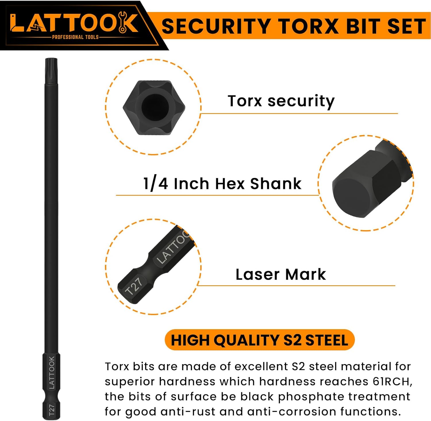 6" Long Torx Bit Set, LATTOOK Security Tamper Proof Star Torx Bit Set, Magnetic S2 Steel, T8 T9 T10 T15 T20 T25 T27 T30 T35 T40