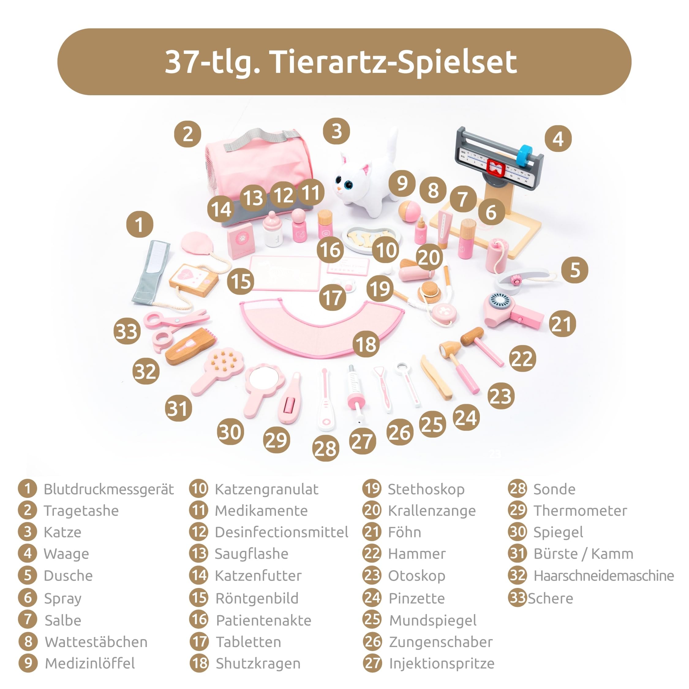 UMU® Tierarzt Spielset für Kinder aus Holz mit Plüschkatze, Stethoskop, Blutdruckmessgerät u. v. m., Veterinär Spielzeug zum Rollenspiel, 37 STK Set für 3, 4, 5 Jahre alt Mädchen und Jungen