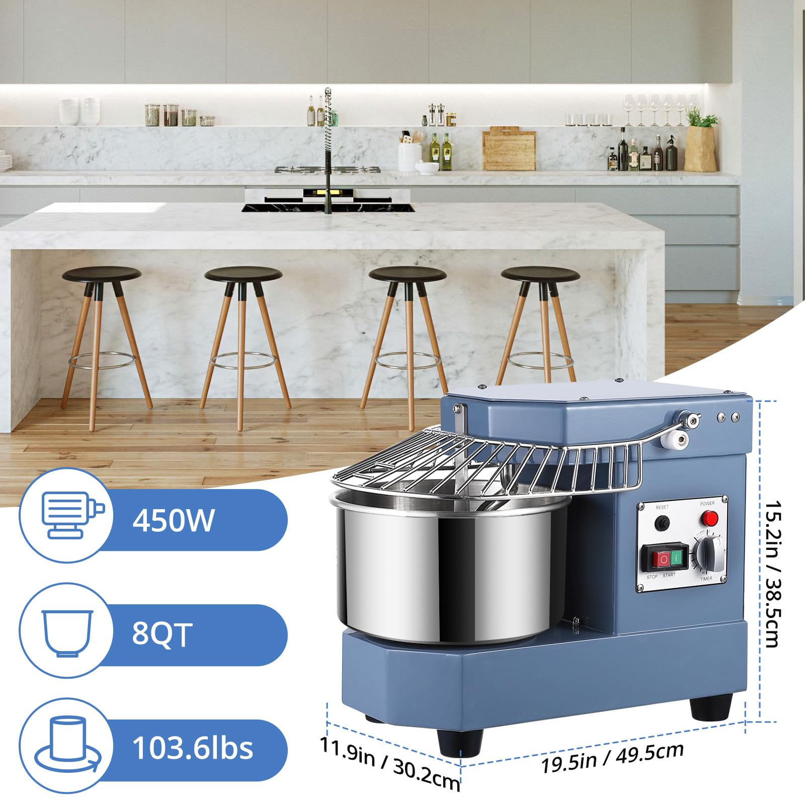 Towallmark Impastatrice commerciale, ciotola in acciaio inox 8QT, 450 W, doppia rotazione, impastatrice con scudo di sicurezza, per ristoranti, panetterie, pizzerie