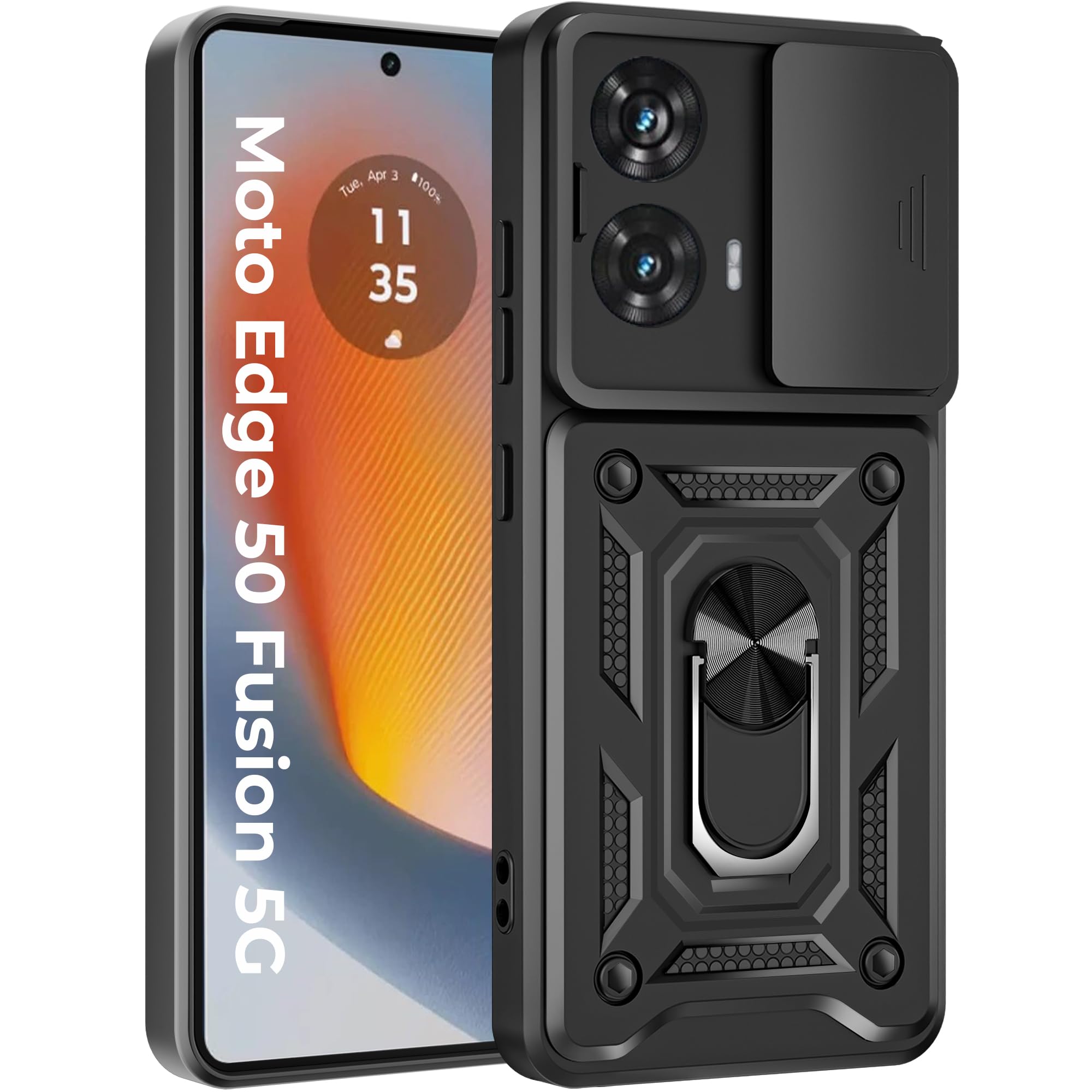 A rtistque Armor Bumper Back Case Cover for Motorola Moto Edge 50 Fusion 5G / Moto G96 5G | Stylish Ring Holder & Inbuilt Stand | Sliding Camera Cover | Moto Edge 50 Fusion 5g Back Cover - Black