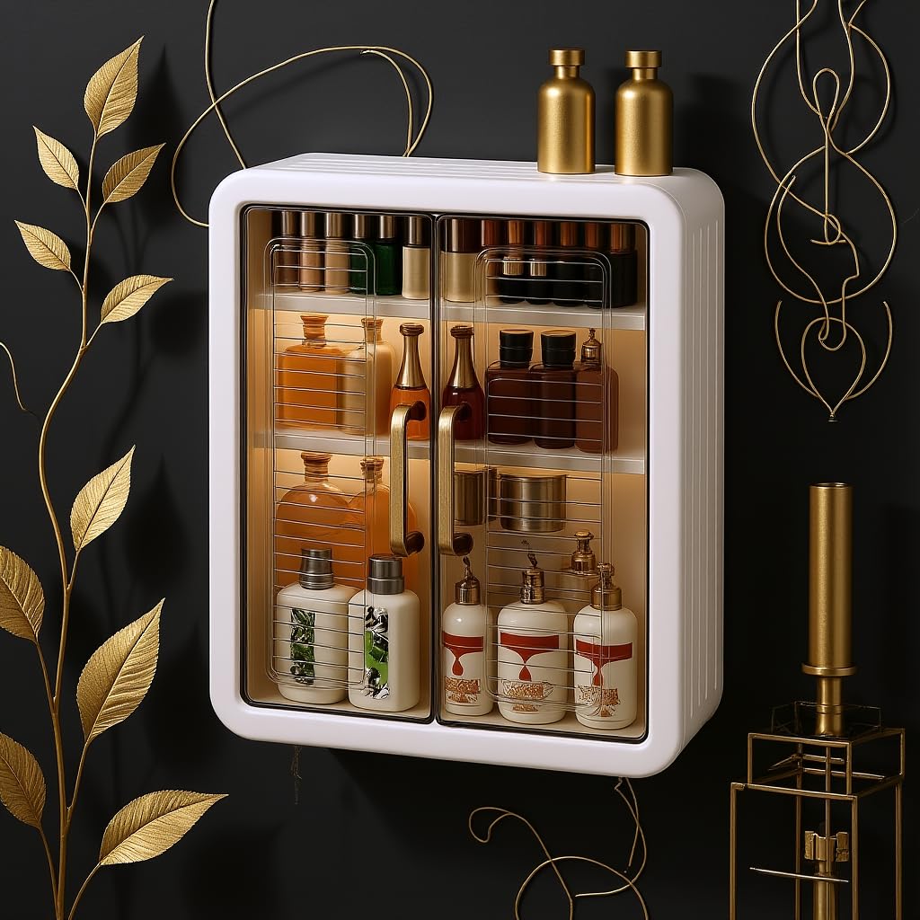 GOHARI Wall Mount Kitchen Storage Box Wall Mounted Foldable Bathroom Cabinet with Double Door Bathroom Organiser Makeup, Skincare with 2 Doors-image-45