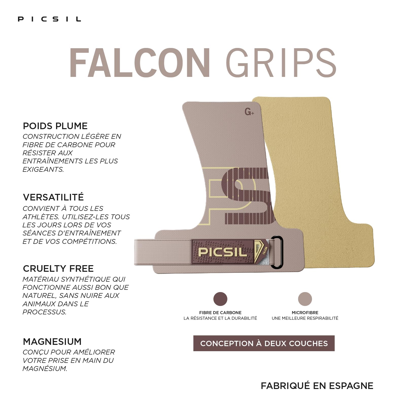 PICSIL Falcon Grips – Fibre de Carbone, Usage avec Magnésie | Double couche fibre de carbone pour adhérence optimale avec magnésie. Inclut 2 bandeaux poignets et sac de transport léger.