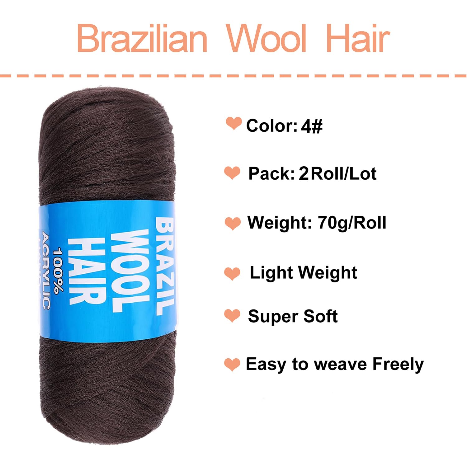 Mscat 2 Roll Dark Brown Brazilian Wool Hair for Braids, 2 Pcs Acrylic Hand Knitting Yarn for Black Women, Faux Locs - Image 2