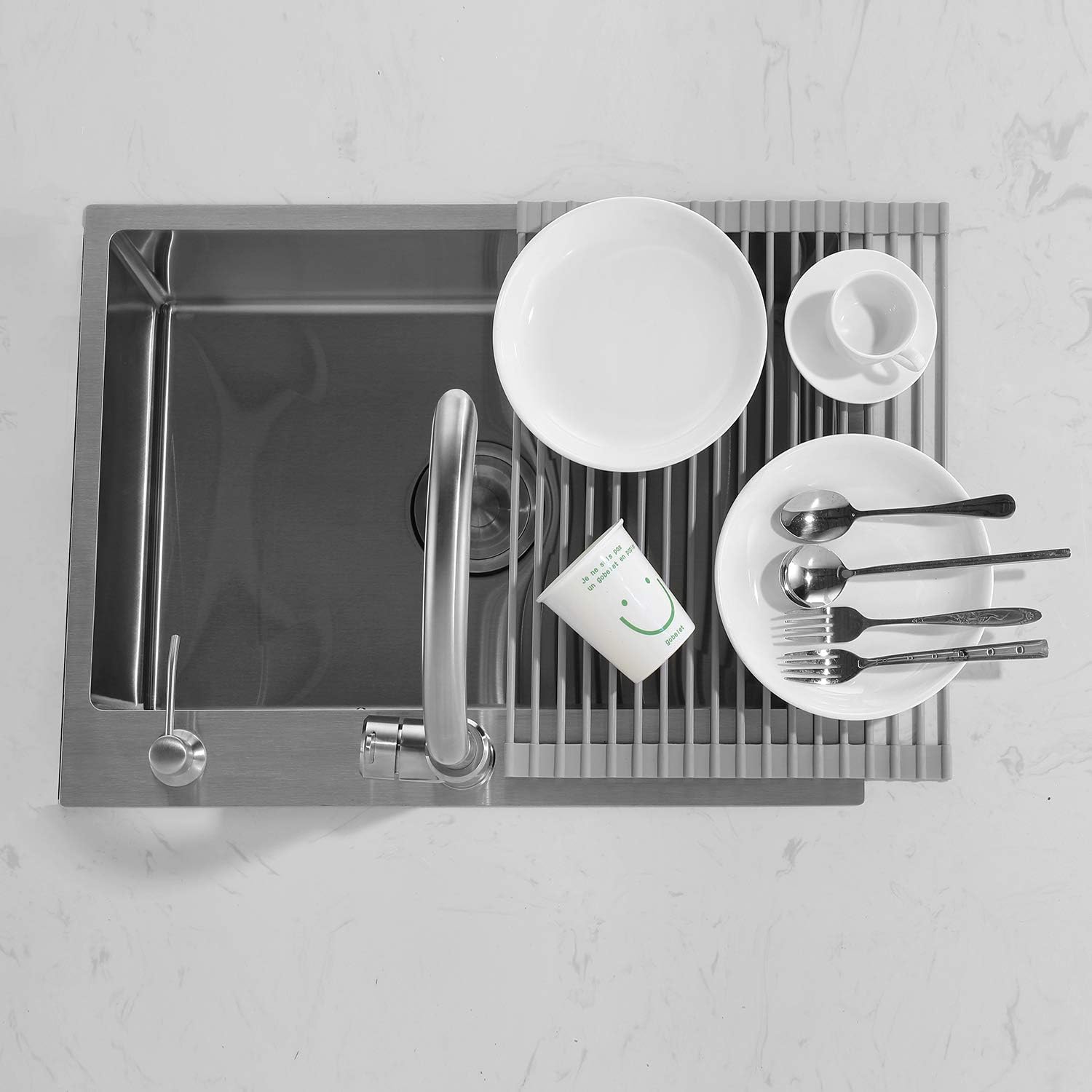 Roll Up Dish Drying Rack (16.9" x 12.9") Over The Sink Roll Up Dish Drainer Multipurpose Foldable Silicone Coated Steel Kitchen Sink Dish Rack