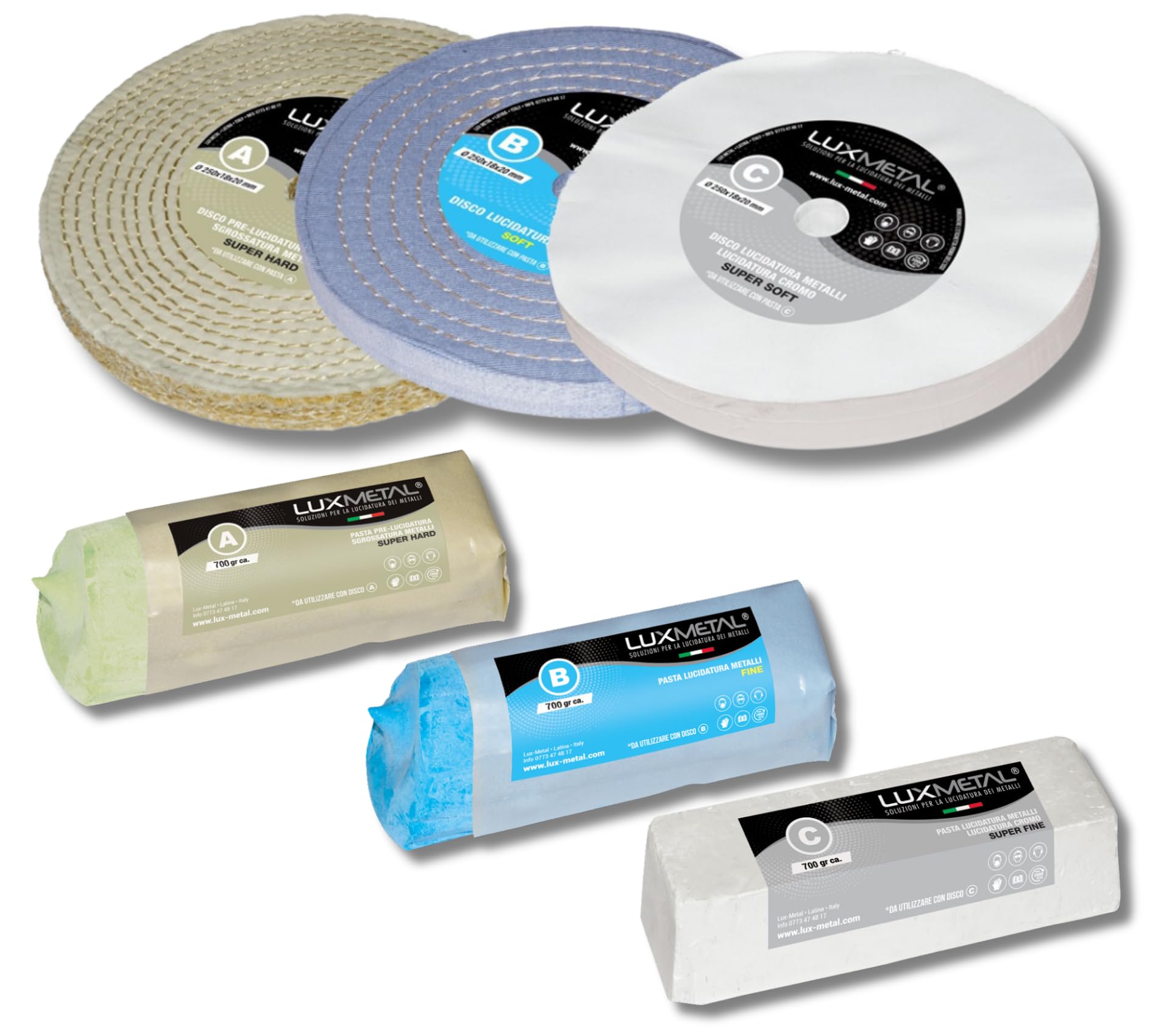 Lux Metal - Kit con 3 discos pulidores de 250 mm y 3 pastas abrasivas pulidoras de 700 gr - Para aluminio hierro acero inoxidable bronce mármol - Rueda de pulido para metales muela esmeriladora