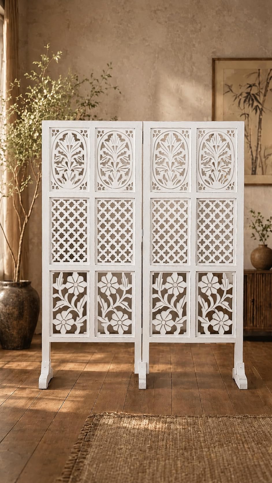 Wooden Room Divider Partition – 4~FT Folding Privacy Screen Decorative Panel for Home, Office & Studio with Mixed Cutout (2 Panel with Stand - White)-image-38