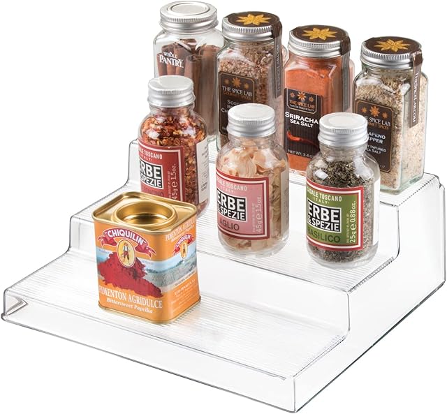 iDesign Tiered Shelf Organiser, Ideal for Spices, Jars and Cans Storage, Cupboard 3 Tier Shelf Organiser, Made of Durable Plastic, Clear