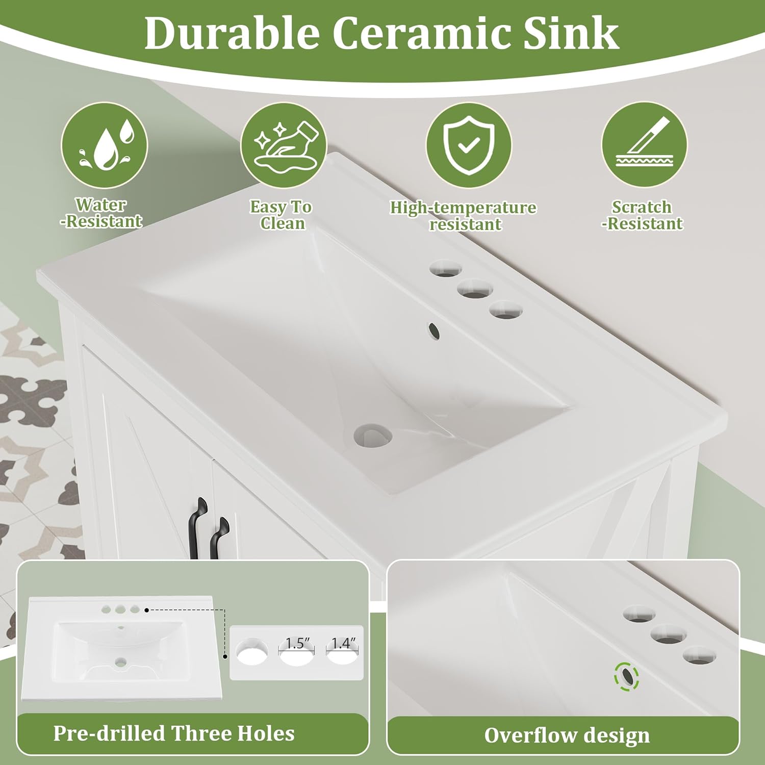 Close-up of the durable ceramic sink, highlighting its water-resistant, easy-to-clean, high-temperature resistant, and scratch-resistant properties. Also shows the pre-drilled three holes and overflow design.