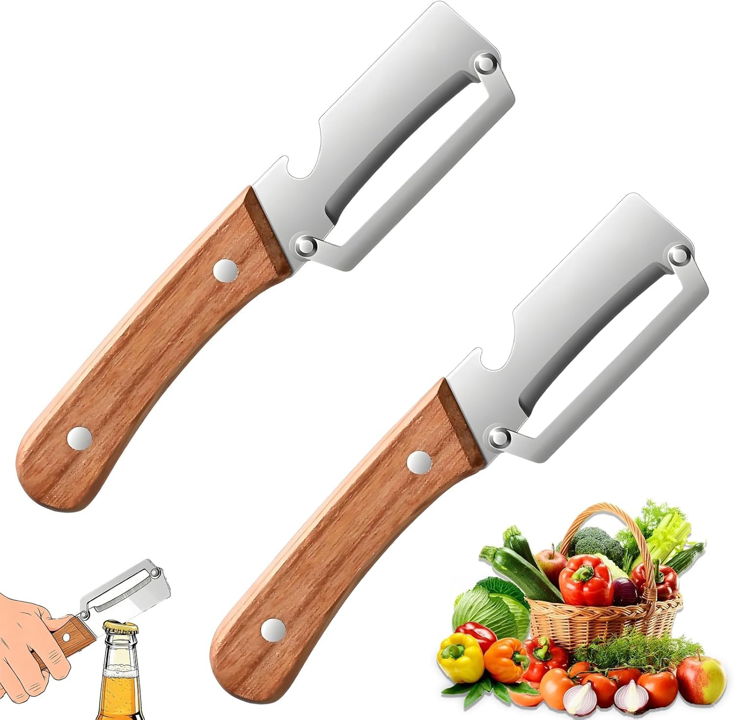 Photo 1 of 2-Pack Vegetable Peeler with Wooden Handle and Bottle Opener, Multi-Function Kitchen Vegetable Peeler for Potato, Carrot, Fruit, Pumpkin and Veggie Peeling