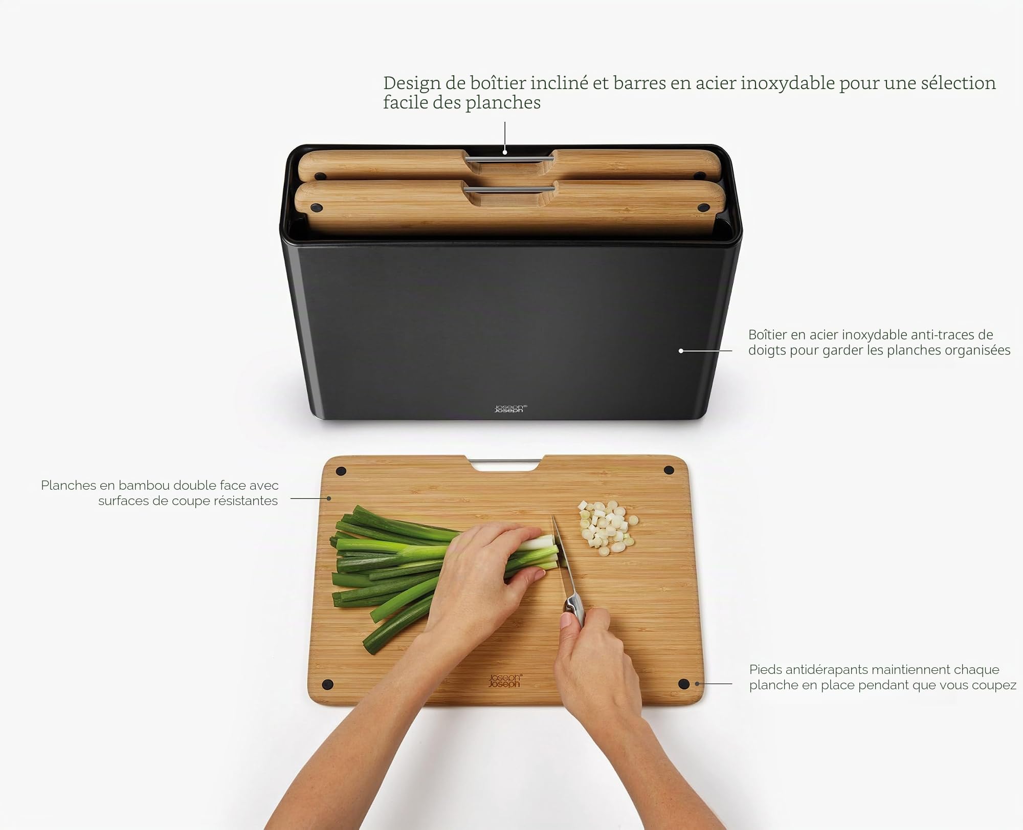 Joseph Joseph Folio Set de 3 Planches à Découper en bois de bambou, Etui en Acier Inox pour, Rangement Cuisine