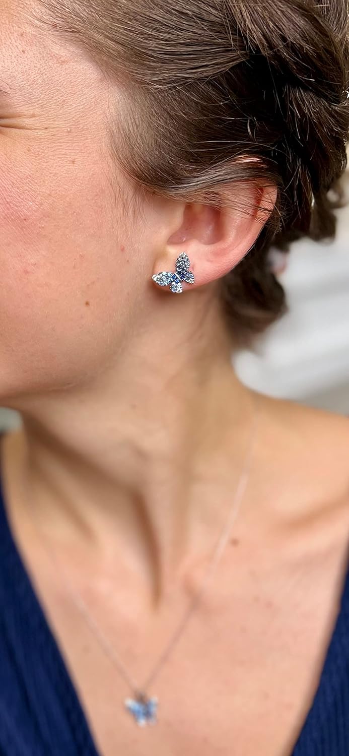 Le Vian 1 2/5 Carat White and Blue Sapphire Butterfly Stud Earrings for Women I 14k White Gold Earrings for Her I Ombre Push Back Studs