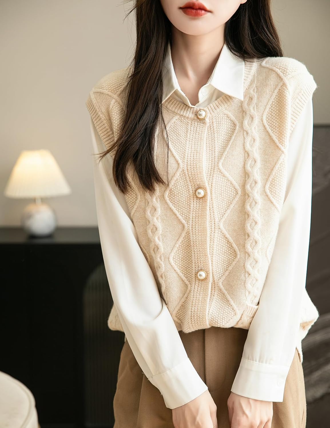 Chanyarn Women's 100% Merino Wool Sweater Vest 2025 Fall Winter Crew Neck Button Down Sleeveless Cable Knit Sweater Vest - Image 4