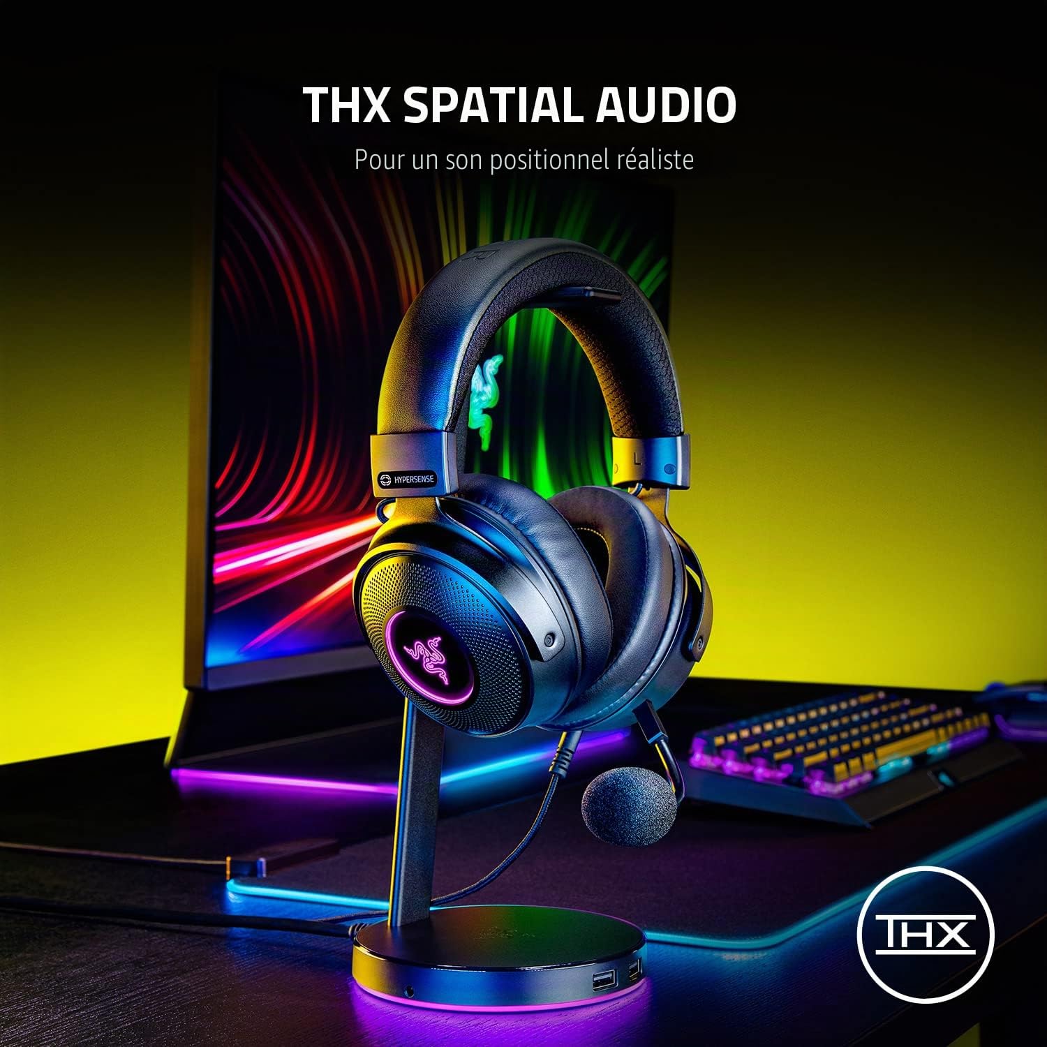 Razer Kraken V3 HyperSense Casque de Jeu USB avec Technologie Tactile : Driver Triforce Titanium 50 mm, Tissu Hybride et Coussin en Mousse à mémoire de Forme en Cuir synthétique, Microphone Amovible