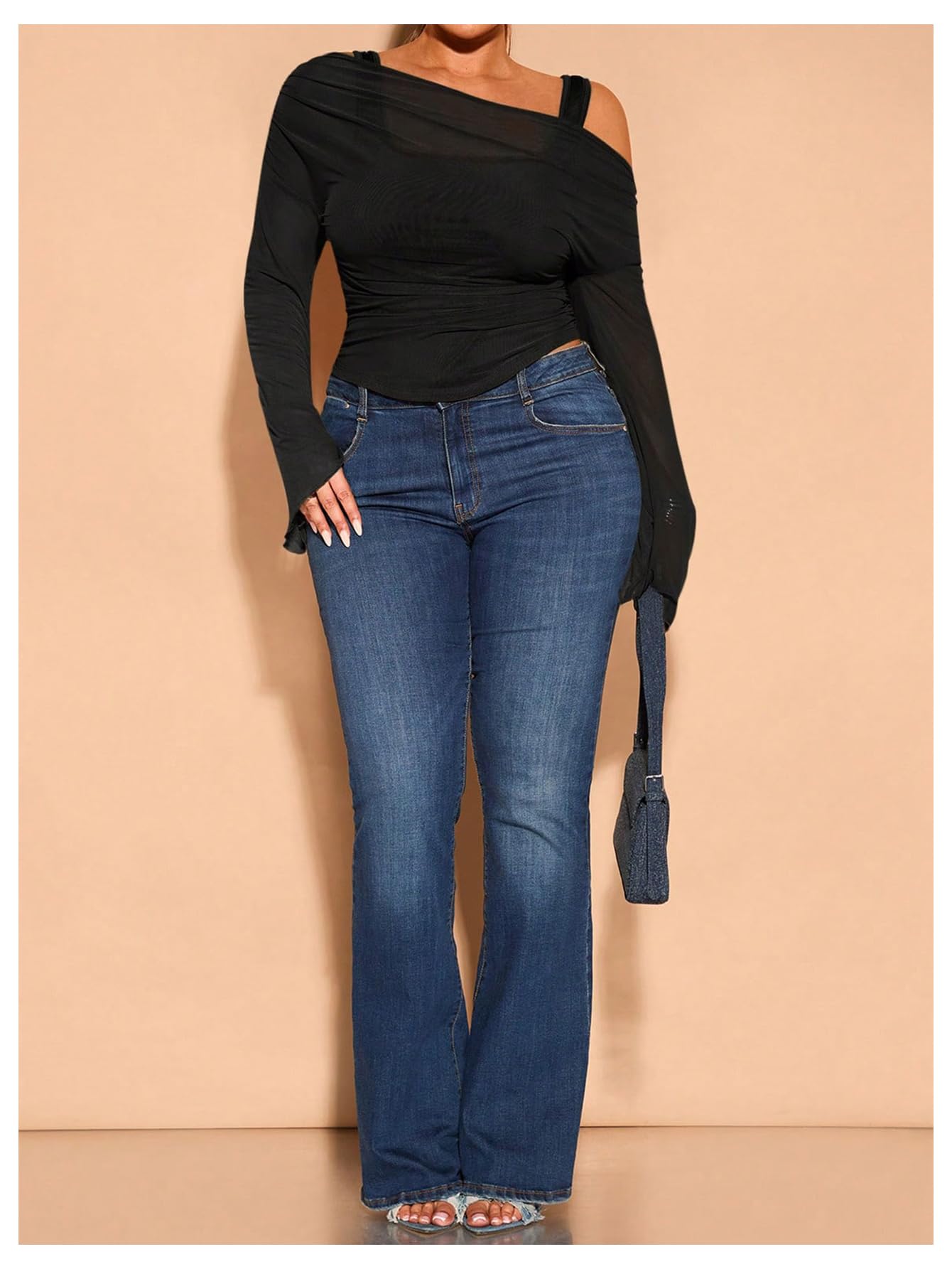 WDIRARA Women's Plus Size 2 in 1 Off Shoulder T Shirt Ruched Sheer Bell Long Sleeve Tee: XX-Large Plus Deep Blue