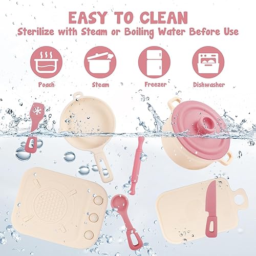 Miniatura 6 de TYRY.HU Juego de accesorios de cocina, 11 piezas de silicona sin BPA, juegos de comida para jugar, juego de cocina, ollas y sartenes, juguetes de