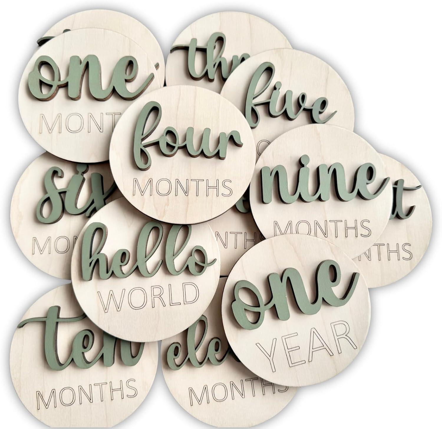Wooden Baby Monthly Milestone Discs – 1–1 Year Photo Props – Hello World - Natural Wood Nursery Decor – First Year Keepsake - 4 Inches in Size