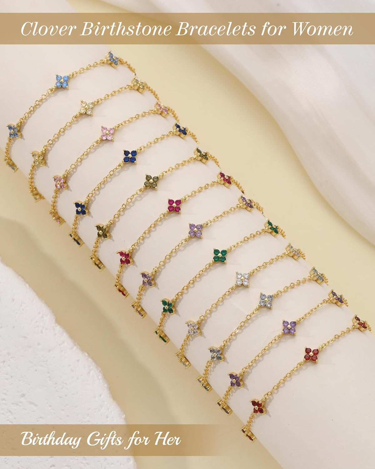 JSJOY Birthstone Bracelets for Women, 14K Gold Bracelets for Women Mom Gifts Birthday Valentines Day Gifts for Gf Dainty Flower Gift for Her Birthstone Bracelet Mothers Day Gift - Image 6