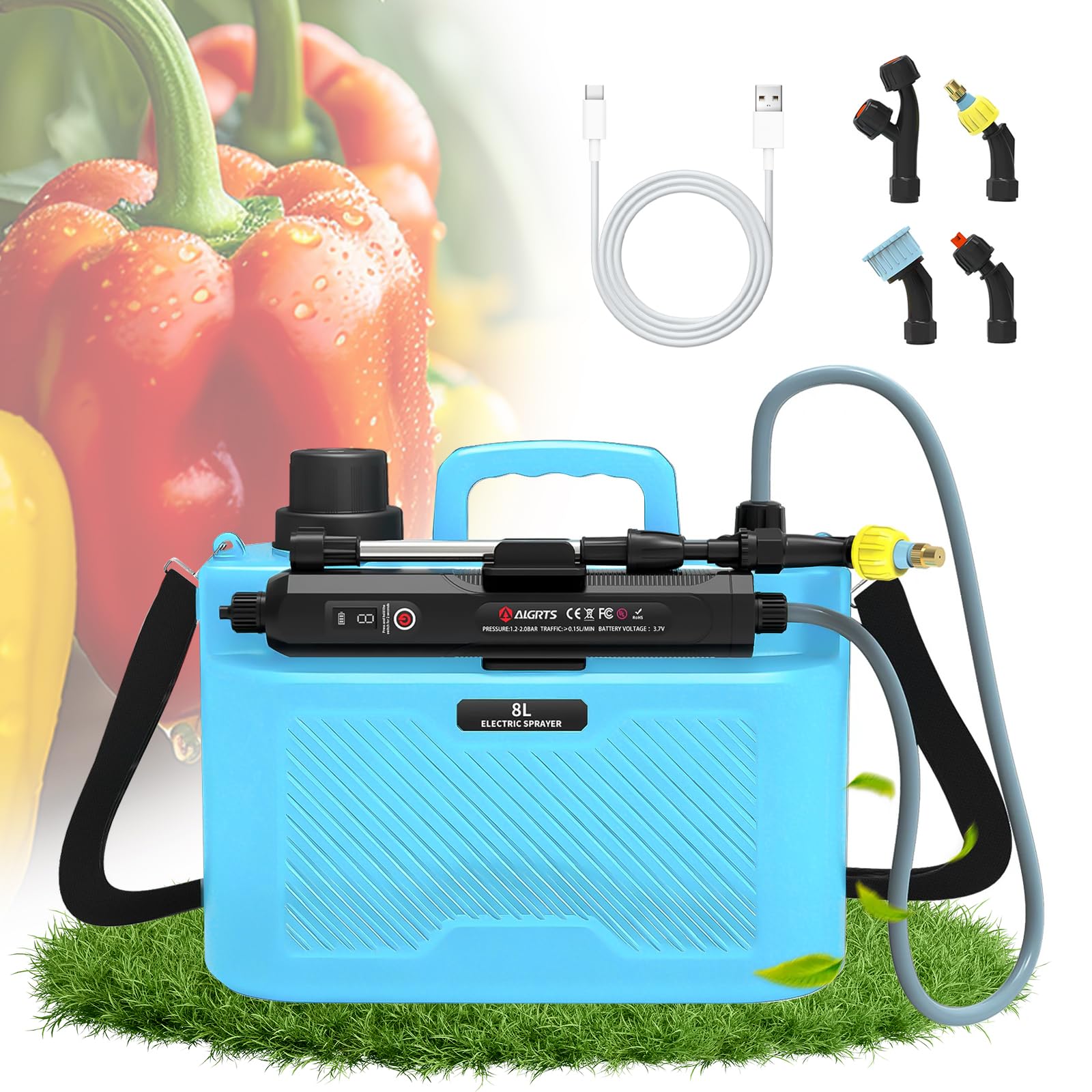 auvstar Pulverizador Eléctrico de Jardín 8L | 4 Boquillas, Recargable con Correa, 3 Velocidades, Mochila Pulverizadora, Mango 77cm Telescópico