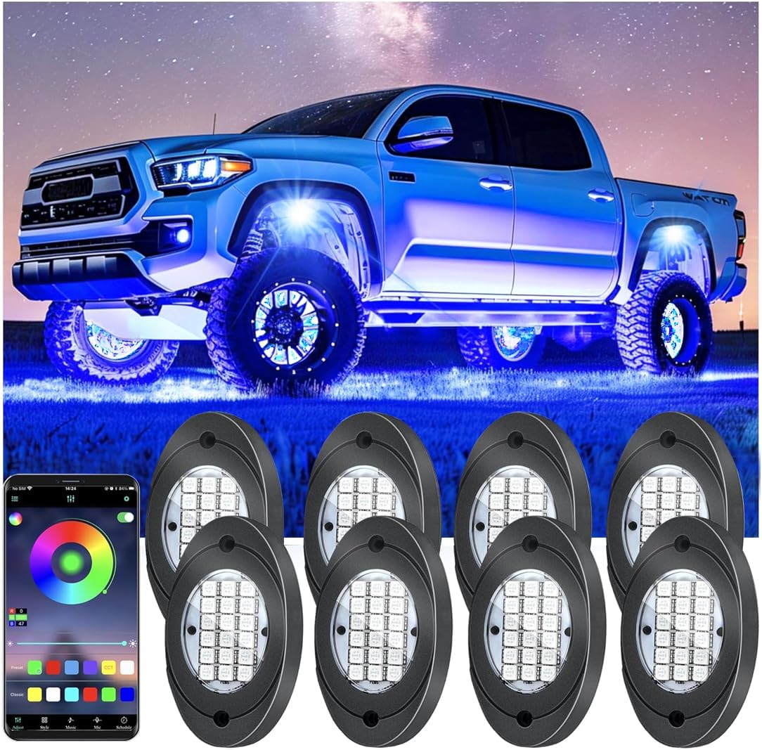 8 Pods RGB LED Rock Lights, Underglow Multicolor Neon Light Kit Wheel Well Light with APP Control & Music Mode, Under Glow Lights for Trucks,Jeep,SUV,Golf Cart,ATV,Pickup Off Road,12 V