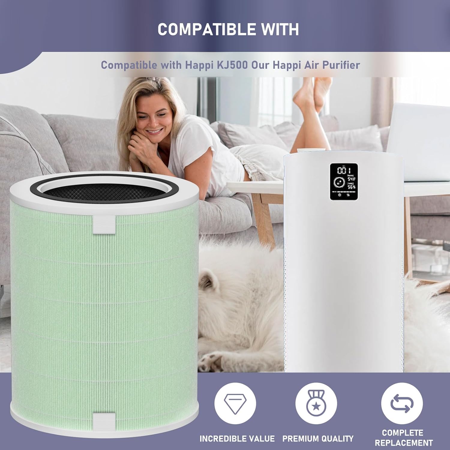 KJ500 Air Filter Replacement Compatible with Happi KJ500 Our Happi Air Cleaner Purifier, True HEPA with Activated carbon Multi-Stage Filtration 2-in-1, 1 Pack