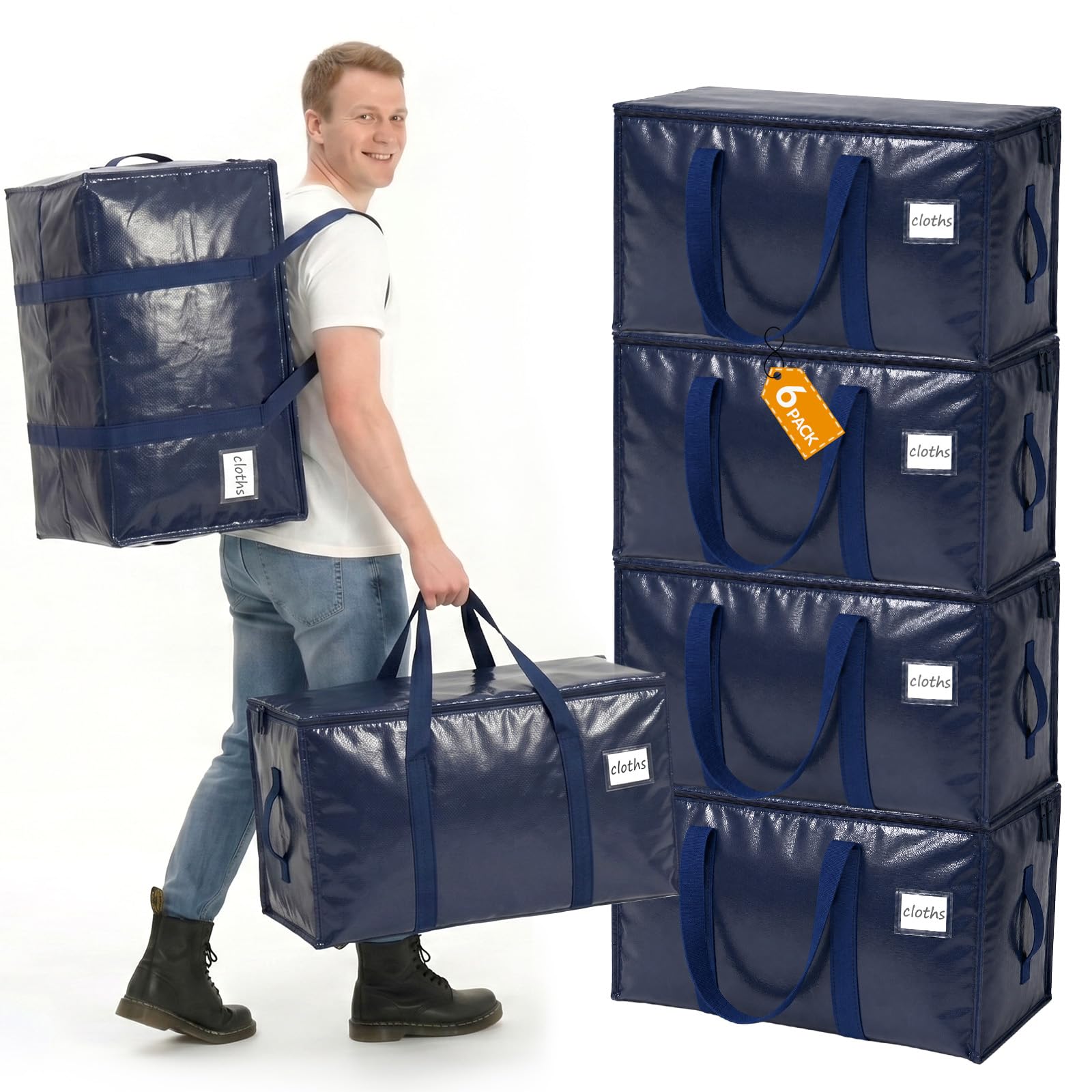 Velway Moving Bags and Storage Bags - 95L Heavy Duty Moving Boxes with Reinforced Handles & Zippers, Waterproof Storage Bags for House Moving, Bedding, Clothes, College Dorm Essentials, Blue, 6 Pack