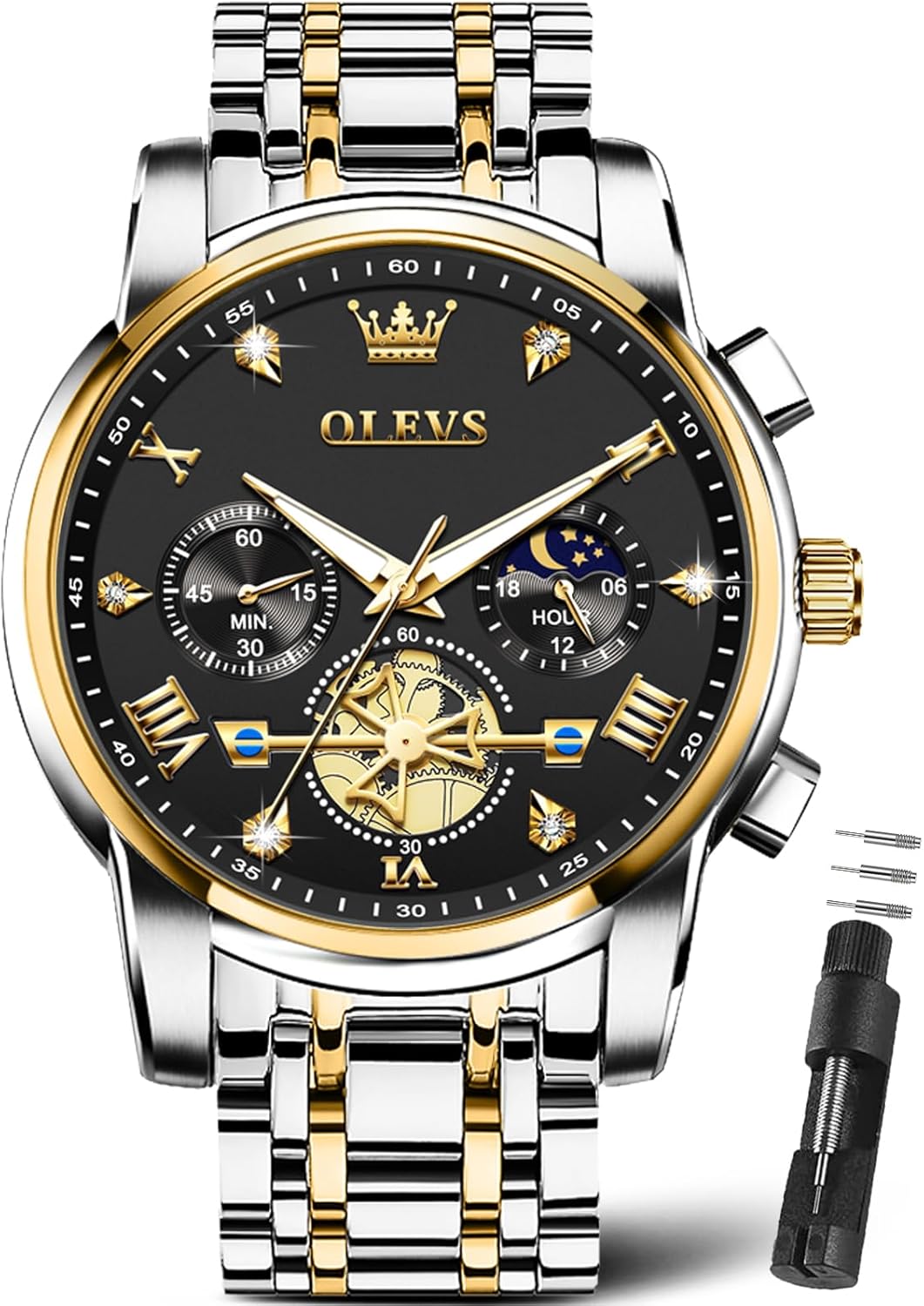 OLEVS Watches Men Stainless Steel Chronograph Watch Luxury Big Face Man Dress Watches Waterproof Roman Numeral Analog Quartz Men Wrist Watch Diamond Relojes para Hombre(Silver/Black/Gold/Red/Blue)