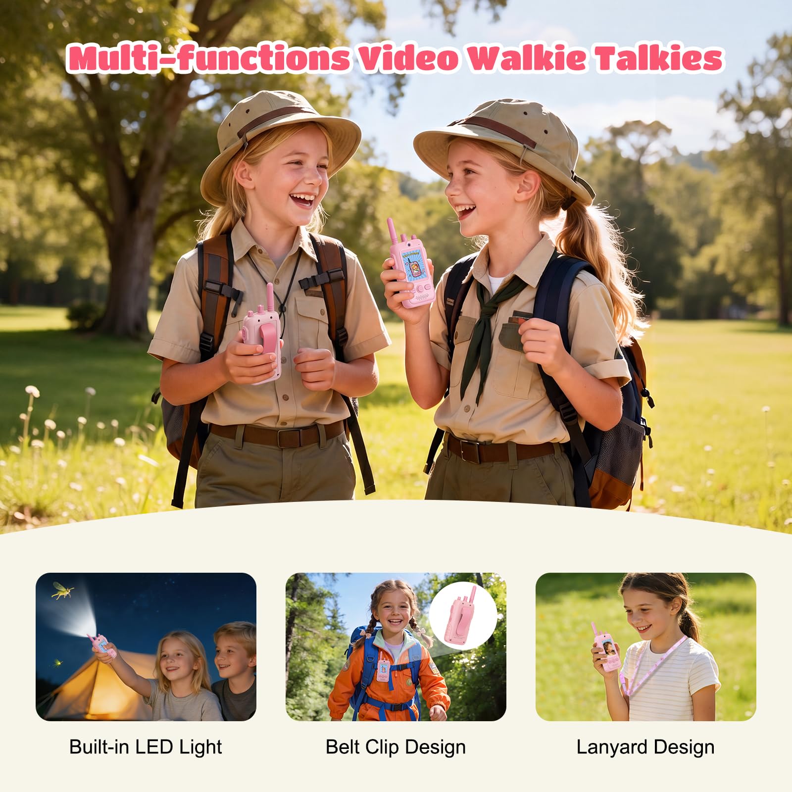 Walkie Talkie para Niños(Set de 2),Walkie Talkies Recargables con Videollamada,Largo Alcance de 400 m, Clip para Cinturón y Linterna LED,Juguete Regalo de Cumpleaños para Niños y Niñas de 3 a 12 Años
