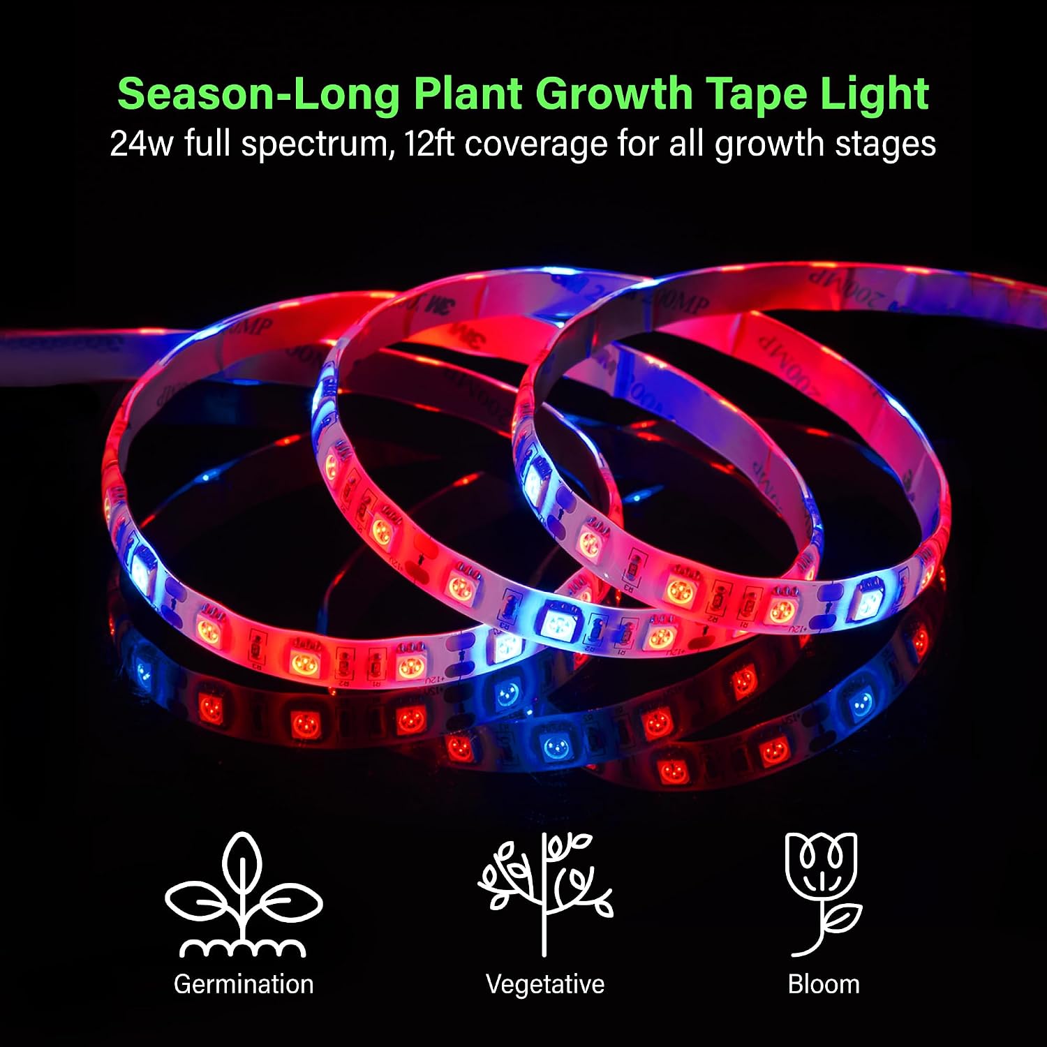 11.8ft Full Spectrum LED Grow Light Strip 24W Flexible Plug-In Tape Kit image 2