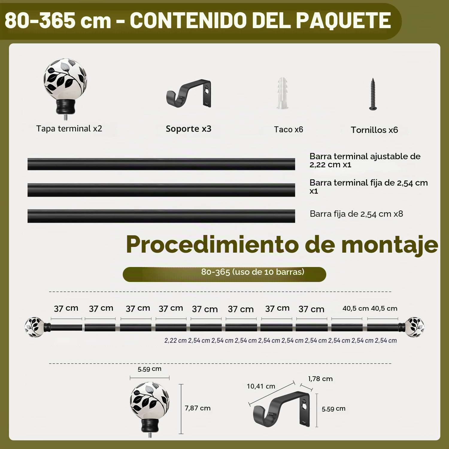 Barra Cortina Negra 80-365 Cm,Extensible De Metal Pesado | DiáMetro De 25 Mm,Montaje En Pared, Con Topes De Hoja De CeráMica Y Soportes, Para SalóN, Dormitorio, Cocina, Terraza