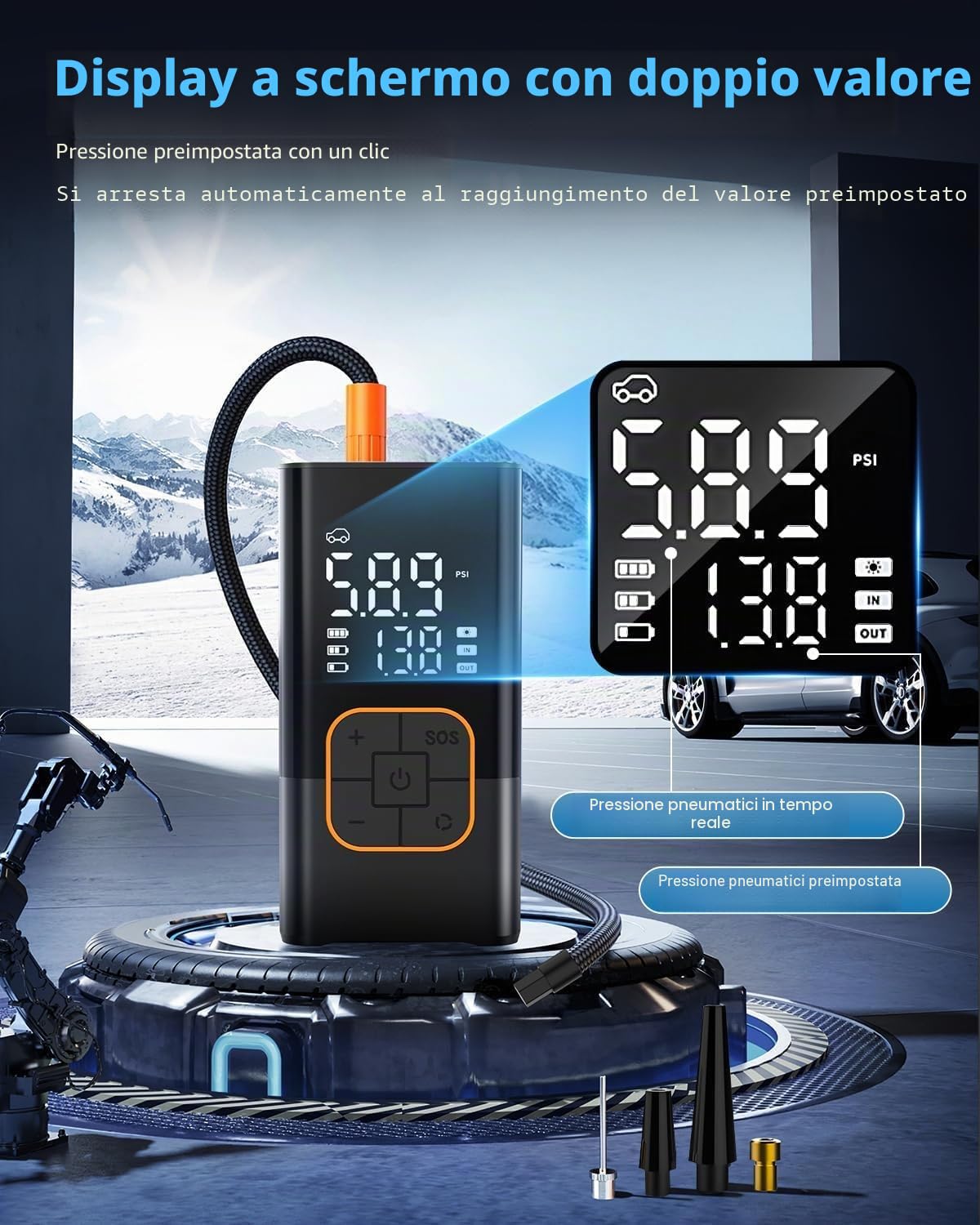Compressore Aria Portatile 150 PSI, Mini Compressore Elettrico Portatile Senza Fili con Schermo Digitale e Torcia LED, per Auto, Moto, Bicicletta, Palla