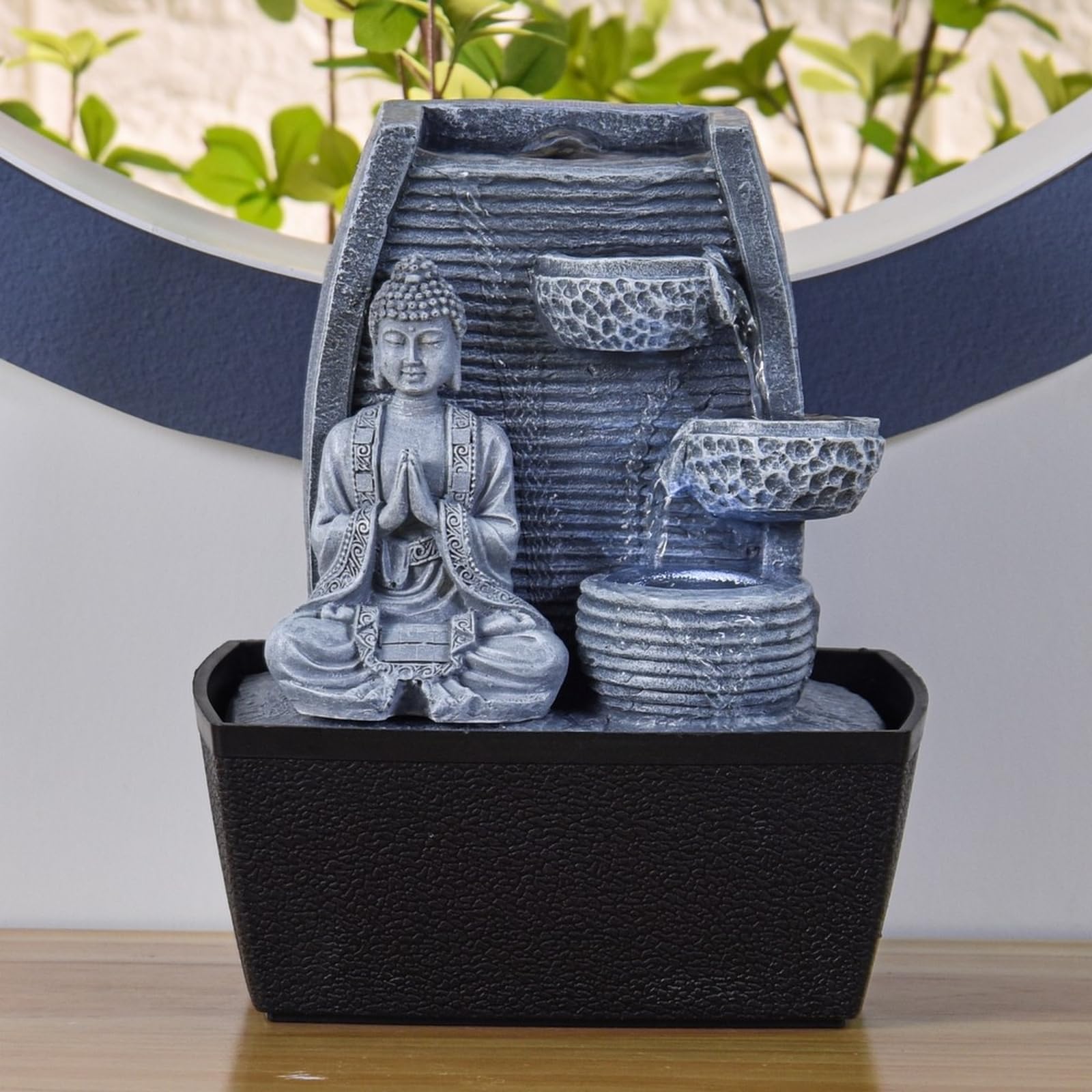 Fontaine d’Intérieur Mur d’Eau Cascade - Statue Bouddha Amovible- Fontaine de Table Lumière LED Blanc Circuit fermé - Décoration Zen Salon Chambre Feng Shui - Cadeau Utile- H 26cm - Sagesse Zen’Light