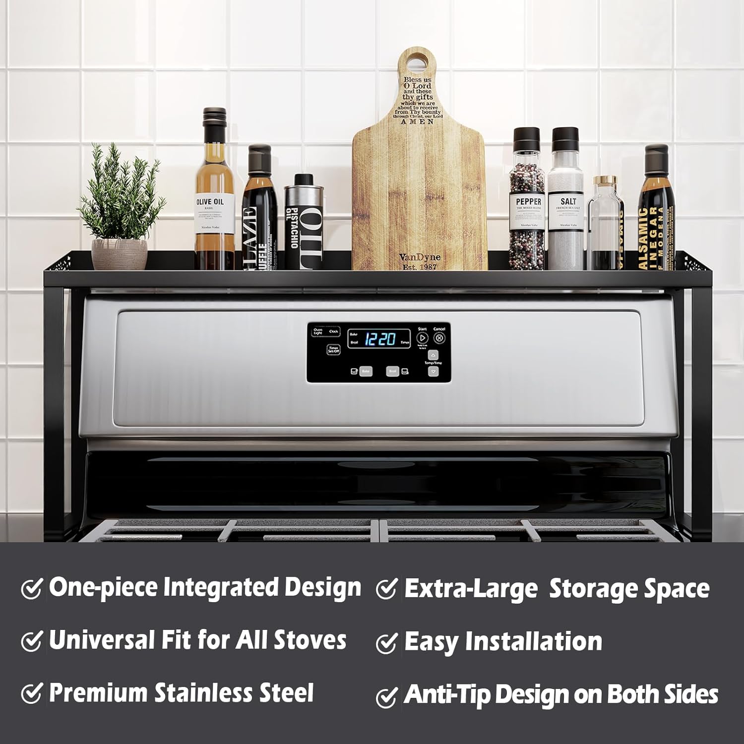 30-Inch Black Metal Over Stove Spice Rack Shelf – Magnetic Kitchen Organizer for Stove Top, Black Countertop Storage Rack for Spices, One-Piece Kitchen Gadgets