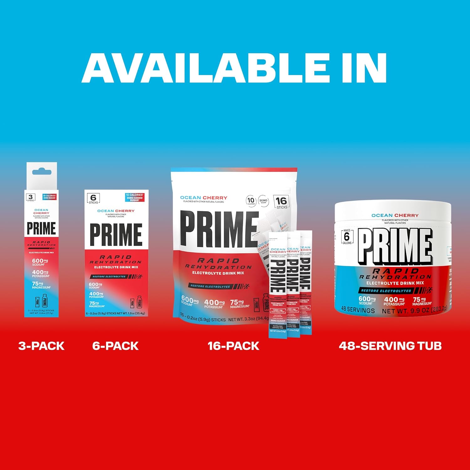Prime Rapid Rehydration Electrolyte Powder, Ocean Cherry, Sugar Free Hydration Drink Mix with Sodium, Potassium, Magnesium & B Vitamins to Replenish Fluids, Caffeine Free, 6 Gallon Tub, 48 SRV
